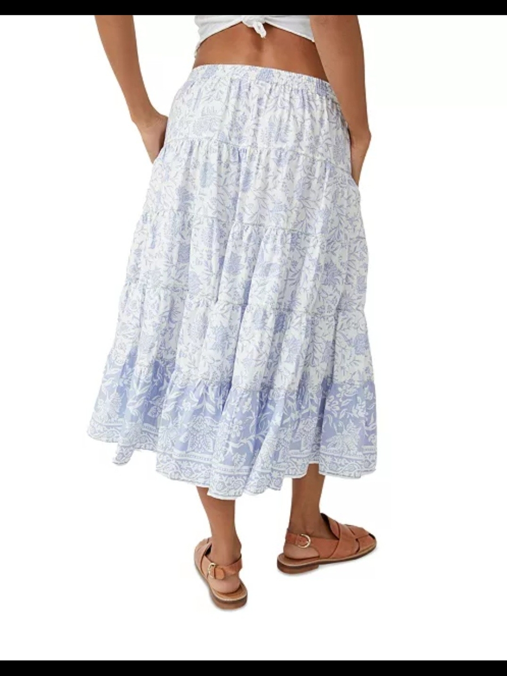 Free People Full Swing Printed Tiered Midi Skirt Blue Heron Combo NWT Size L FP - Picture 9 of 16